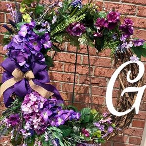 Purple farmhouse grapevine wreath. Monogram G